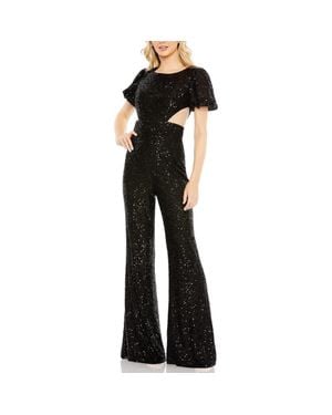 Mac Duggal Sequined Puff Shoulder Illusion Cut Out Jumpsuit - Black