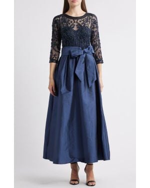 Pisarro Nights Beaded Illusion Neck Taffeta Cocktail Dress - Blue