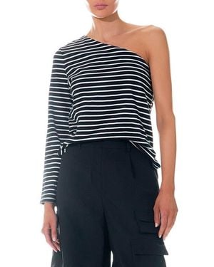 Grey Lab Stripe One-Shoulder Asymmetric Top - Blue
