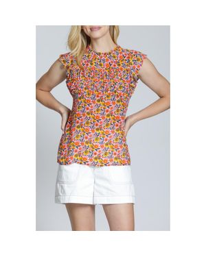 Apny Floral Print Flutter Sleeve Top - White