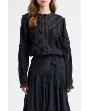 LoveShackFancy Aralina Lace & Ruffle Silk Shirt - Black