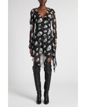 McQueen Skull Print Long Sleeve Silk Chiffon Wrap Dress - Black