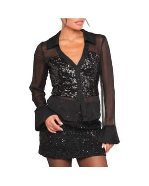 Petal & Pup Eliana Sequin Mesh Long Sleeve Button-Up Shirt - Black