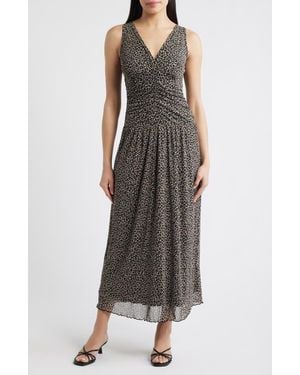 Loveappella Leopard Print Ruched Mesh Maxi Dress - Black