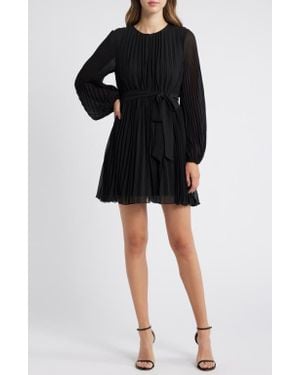 Sam Edelman Tie Belt Long Sleeve Plissé Minidress - Black