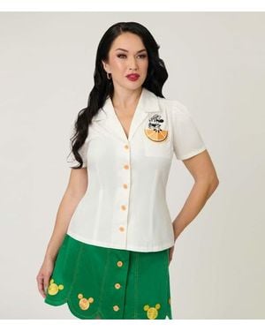 Unique Vintage 1940S Short Sleeve Collared Button Down Woven Blouse - Green