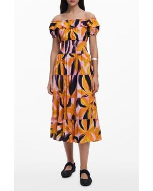 Desigual Abstract Print Off The Shoulder Tiered Midi Dress - Orange