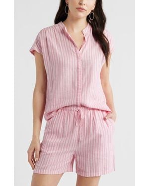 Caslon Novelty Stripe Cap Sleeve Button-Up Shirt - Pink
