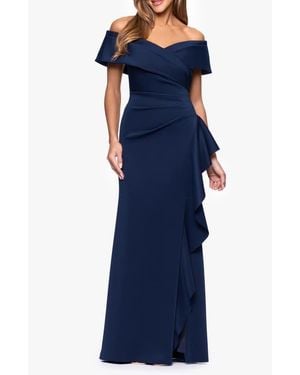 Xscape Evenings Off The Shoulder Scuba Mermaid Gown - Blue