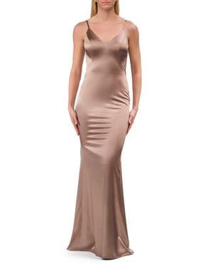 La Femme Chic Long Stretch Satin Gown With V Neck And Back - Natural