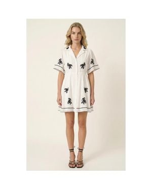 Modenaire Short-Sleeve Button-Front Embroidered Shirt Dress - White