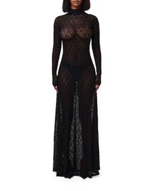 Naked Wardrobe Floral Long Sleeve Stretch Lace Turtleneck Maxi Dress - Black