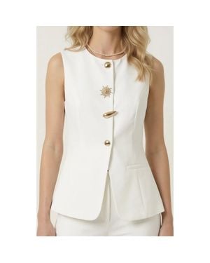 Modenaire Sleeveless Tailored Blazer Top With Button Detail - White