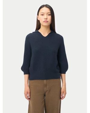 GOBI Mongolian Cashmere Open V-Collar Polo Sweater - Blue