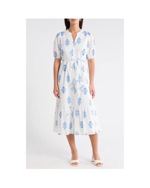 Sugarlips Veran Floral Button-Up Tiered Cotton Shirtdress - Blue