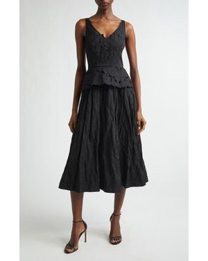 Jason Wu Floral Embroidered Crinkled Peplum Midi Dress - Black