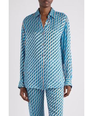 Dries Van Noten Clavelly Devoré Diagonal Stripe Button-Up Shirt - Blue