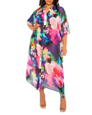 Buxom Couture Print Cover-Up Shirtdress - Red