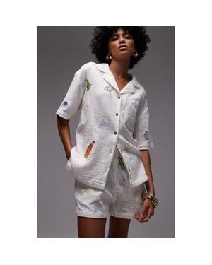 TOPSHOP Resort Embroidered Cotton Camp Shirt - Gray
