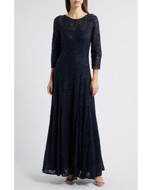 Tahari Sequin Lace A-Line Gown - Blue