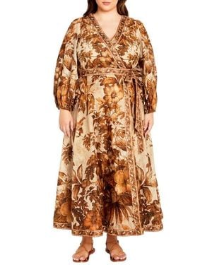 City Chic The Maddie Print Long Sleeve Wrap Maxi Dress - Orange