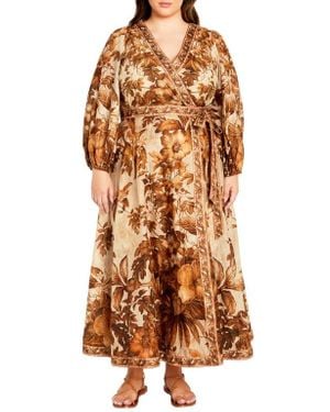 City Chic The Maddie Print Long Sleeve Wrap Maxi Dress - Orange