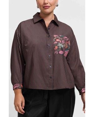 Foxcroft Marina Contrast Pocket Stripe Cotton Poplin Button-Up Shirt - Brown