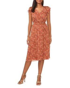 Chaus Tile Print Smock Waist Flutter Sleeve Midi Dress - Orange