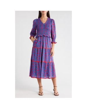 Sugarlips Tanya Floral Print Long Sleeve Smocked Dress - Purple