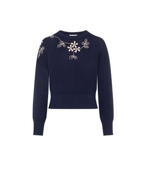 Versatile Embroidered Floral Front Knit Sweater - Blue