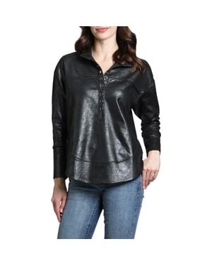 Apny Faux Leather Henley Top - Black