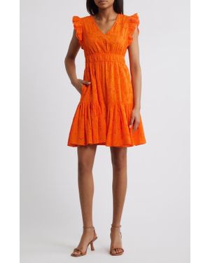 Anne Klein Embroidered Eyelet Cotton Ruffle Dress - Orange