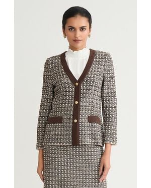 Ming Wang Tailored Contrast Trim Tweed Knit Jacket - Brown