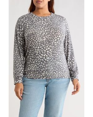 Loveappella Brushed Animal Print Long Sleeve Crewneck Top - White