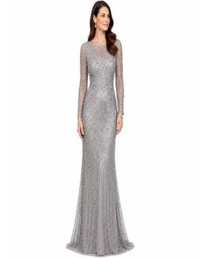 LARA New York High Neck, Long Sleeve Beaded Gown - White