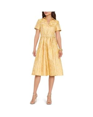 Tahari Jacquard Belted Flared Dress - Yellow