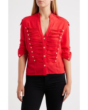 NIKKI LUND Jameson Button Embellished Semisheer Top - Red