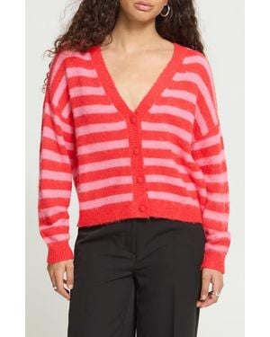 Ichi Striped V-Neck Cardigan - Red