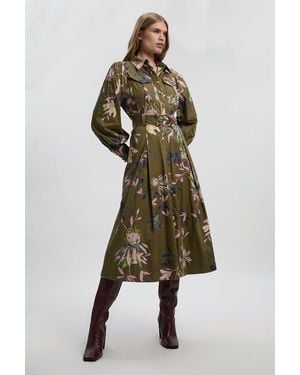 Karen Millen Floral Cotton Sateen Midi Shirt Dress - Green