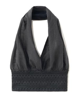 MANGO TEEN Crochet Trim Cotton Halter Crop Top - Black