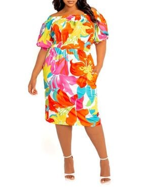 Buxom Couture Floral Print Off The Shoulder Bow Back Dress - Red