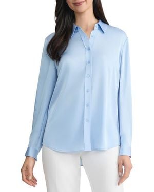 Kasper Point Collar Satin Button-Up Shirt - Blue