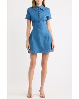 Odd Muse Pleated Seamed Cotton Blend Denim Fit & Flare Minidress - Blue