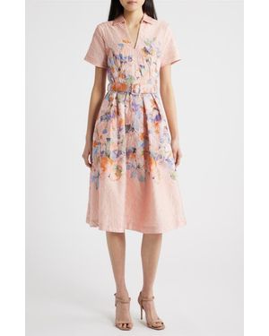 Tahari Print Crinkle Belted Fit & Flare Dress - Pink