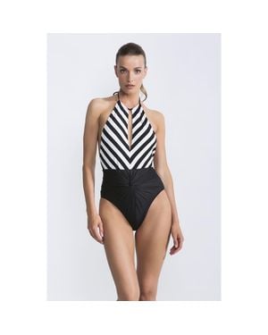 NESSI BYRD Striped Plunging Keyhole Detail Ruched High-Waist Illusion One-Piece Swimsuit - Black