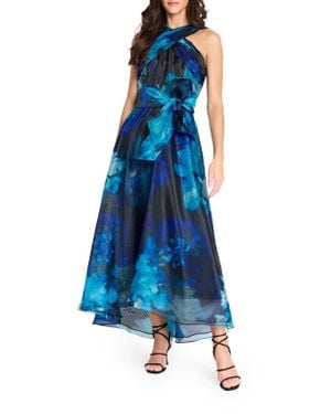 Tahari Floral Organza Evening Gown - Blue