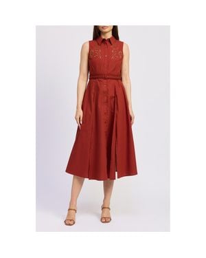 En Saison Megumi Eyelet Detail Cotton & Linen Midi Shirtdress - Red