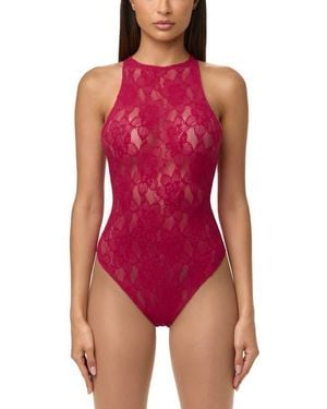 Naked Wardrobe Lace Racerback Bodysuit - Red
