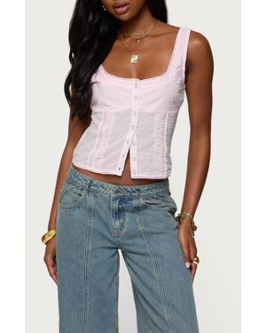 Edikted Lace Inset Clip Dot Cotton Button-Up Shirt - Blue