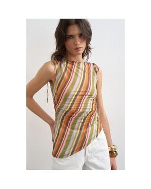 TOPSHOP Stripe Ruched Tie Shoulder Asymmetric Hem Top - Orange